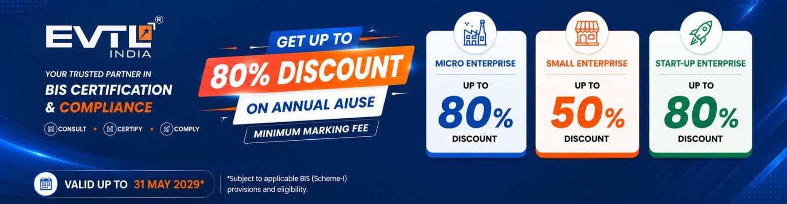 EVTL India BIS certification annual minimum marking fee discounts for eligible enterprises