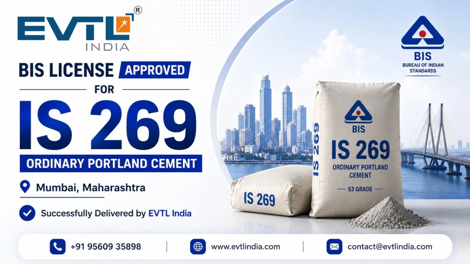 BIS License for IS 269 Cement in Mumbai, Maharashtra – Successfully Delivered by EVTL India